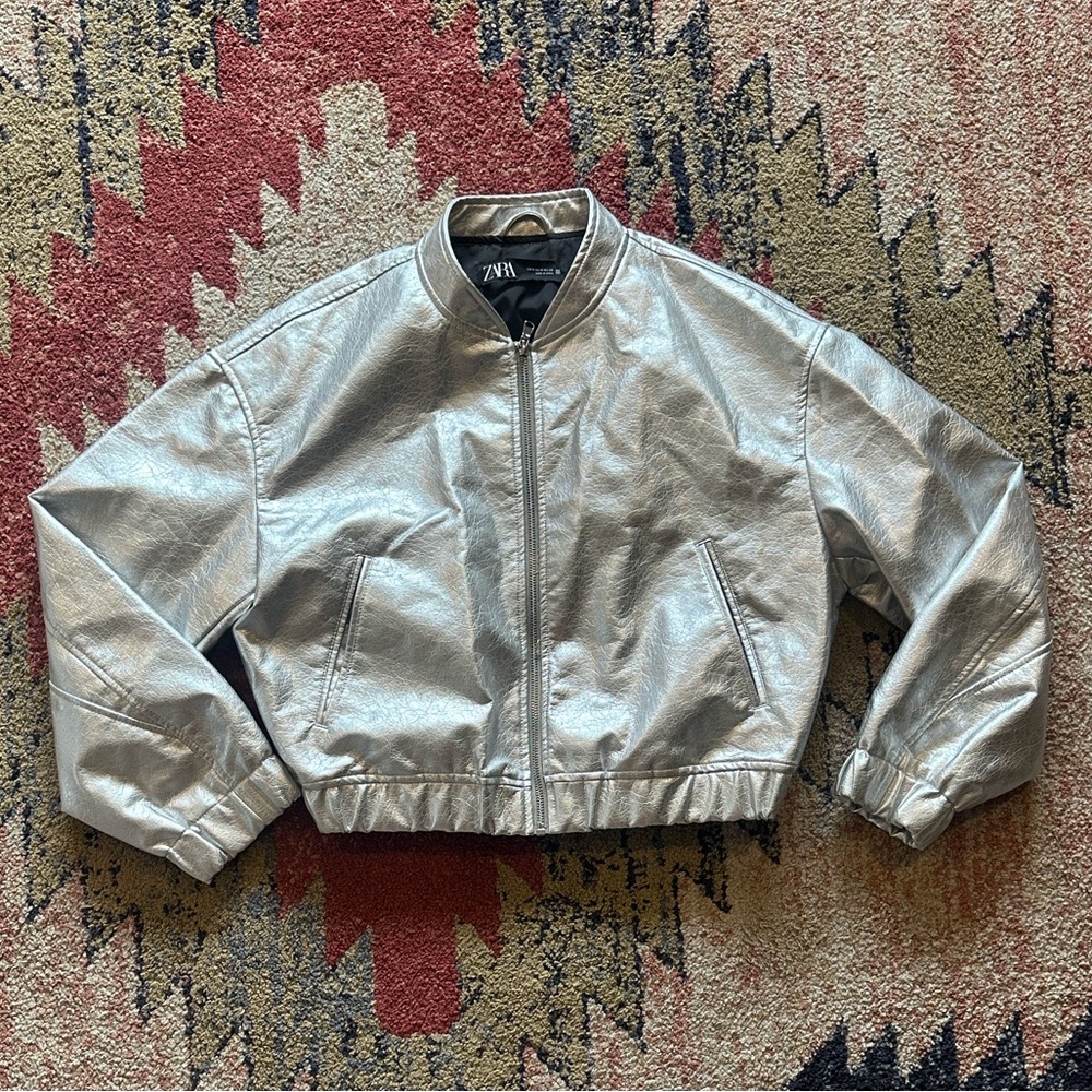 Zara Metallic Silver Bomber Jacket